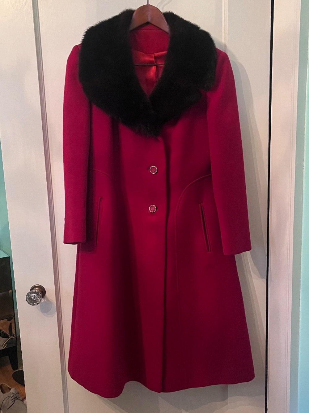 Ruby Red Vintage Wool Coat with Fur Collar in Excellent Condition